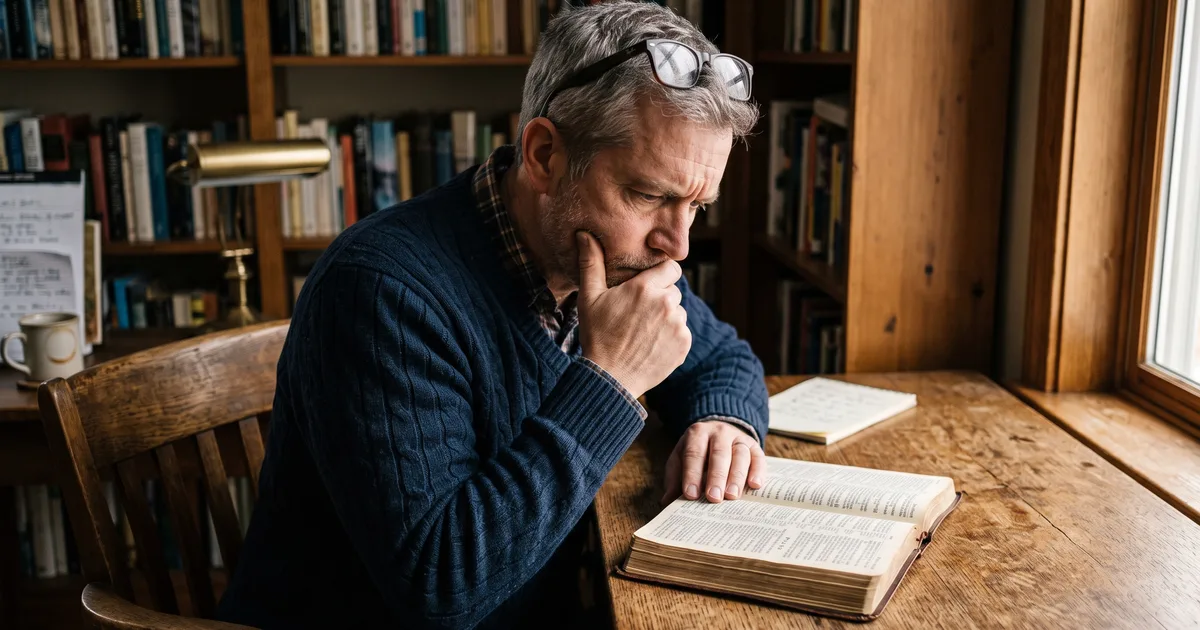 Hombre pensativo leyendo la Biblia